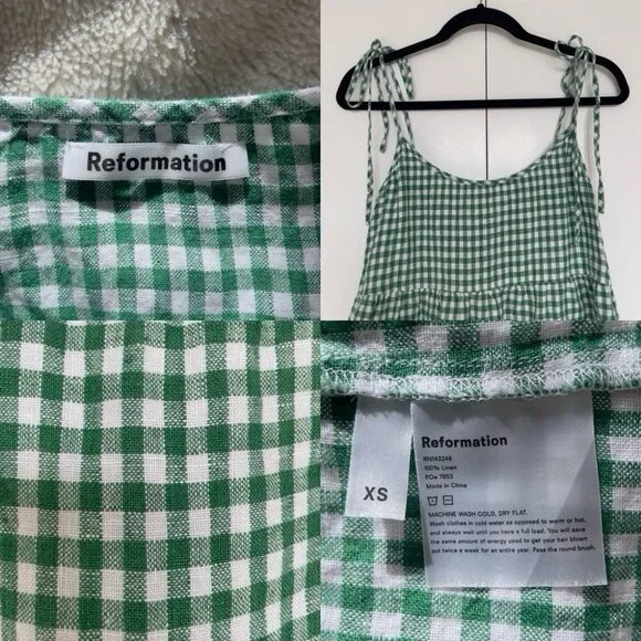 Reformation | Green & white gingham plaid linen babydoll mini dress | Size XS - Picture 3 of 3